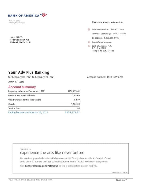 USA-Bank-of-America-J-Citizen_000001.jpg USA Bank of America bank statement template in Word and PDF format (4 pages), version 3