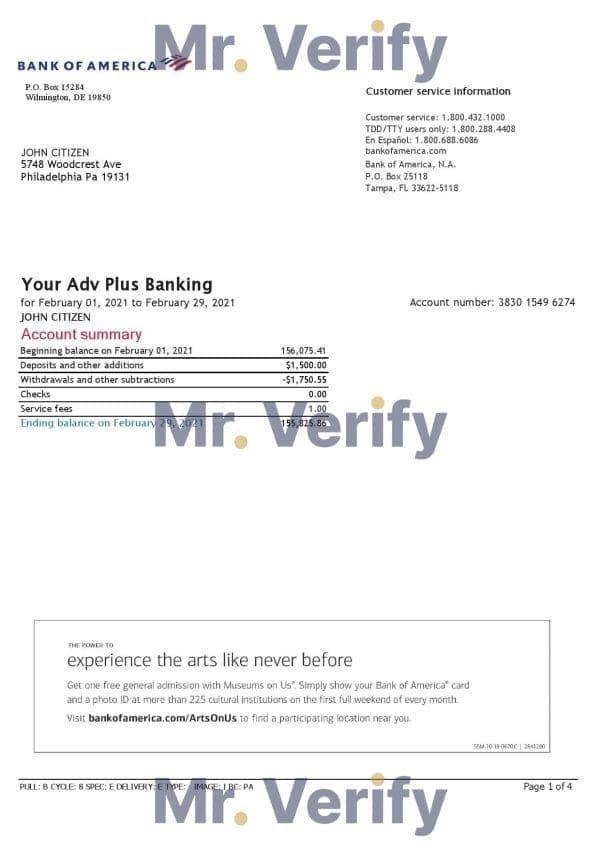 USA Bank of America bank statement template in Excel and PDF format (4 pages), version 3