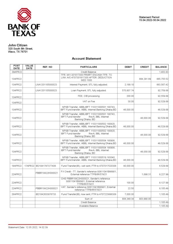 USA Bank of Texas account statement Word and PDF template