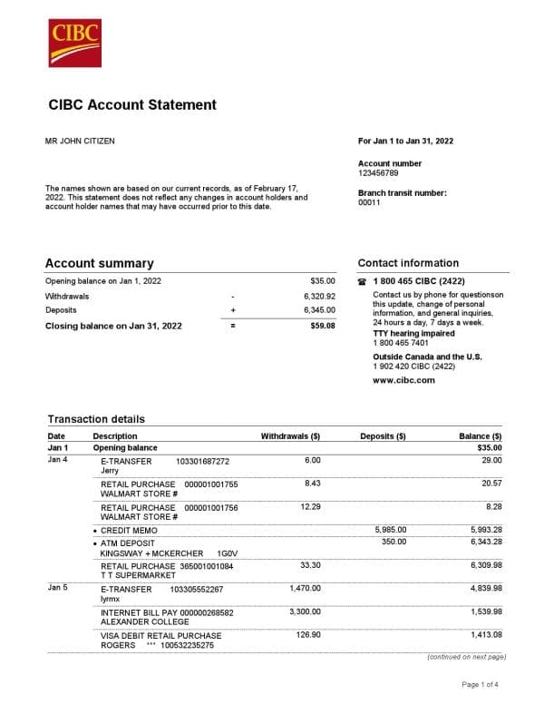 USA CIBC bank statement, Word and PDF template, 4 pages
