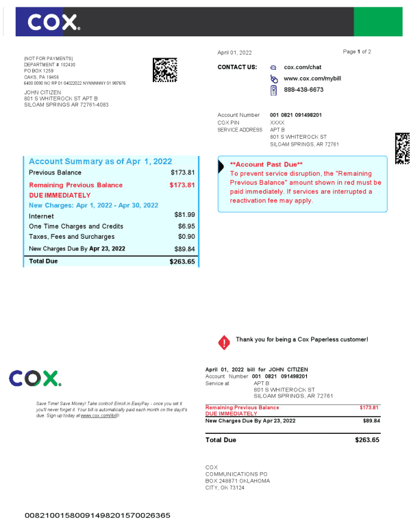 USA-COX-digital-cable-television-2-pages_000001.png USA COX digital cable television utility bill, Word and PDF template, 2 pages