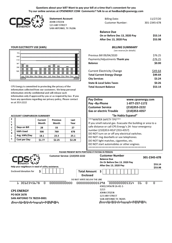USA Texas CPS Utility Bill Template in Word and PDF Format