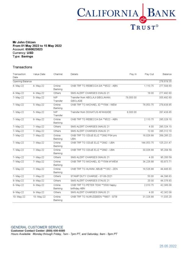 USA California Bank Trust bank statement, Word and PDF template
