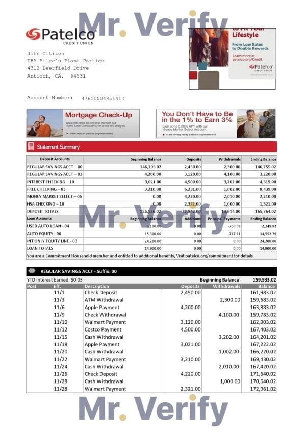 USA California Patelco Credit Union bank statement template in Excel and PDF format
