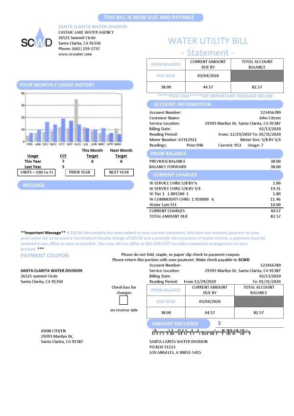 USA California Santa Clarita Water Division (SCWD) utility bill template in Word and PDF format