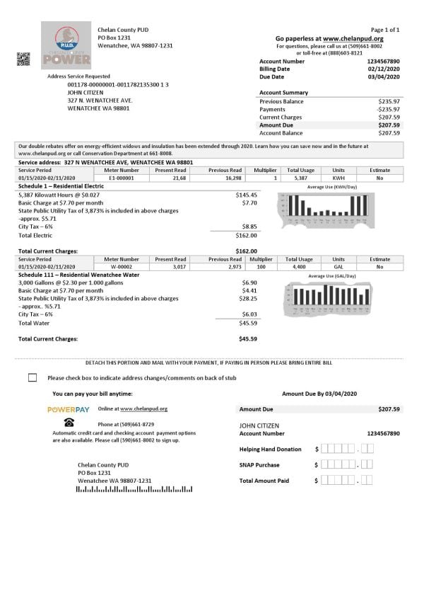 USA Washington Chelan County PUD utility bill template in Word and PDF format