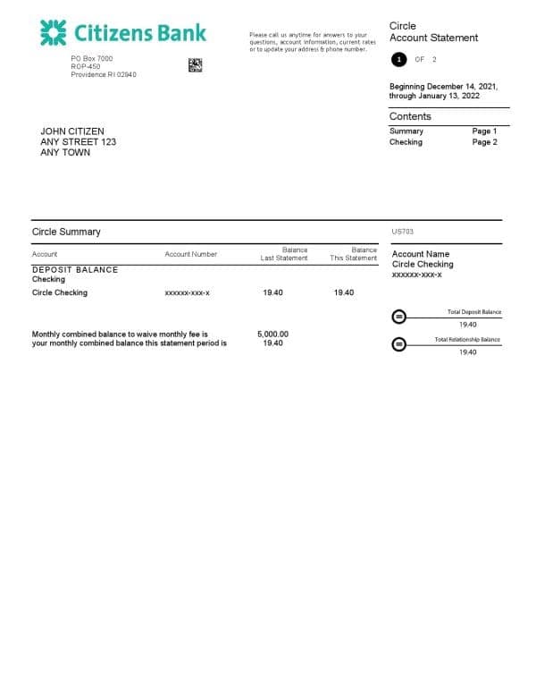 USA Citizens bank statement, Word and PDF template, 4 pages