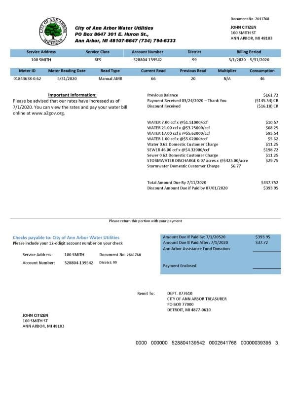 USA Michigan City of Ann Arbor Water Utilities bill template in Word and PDF format