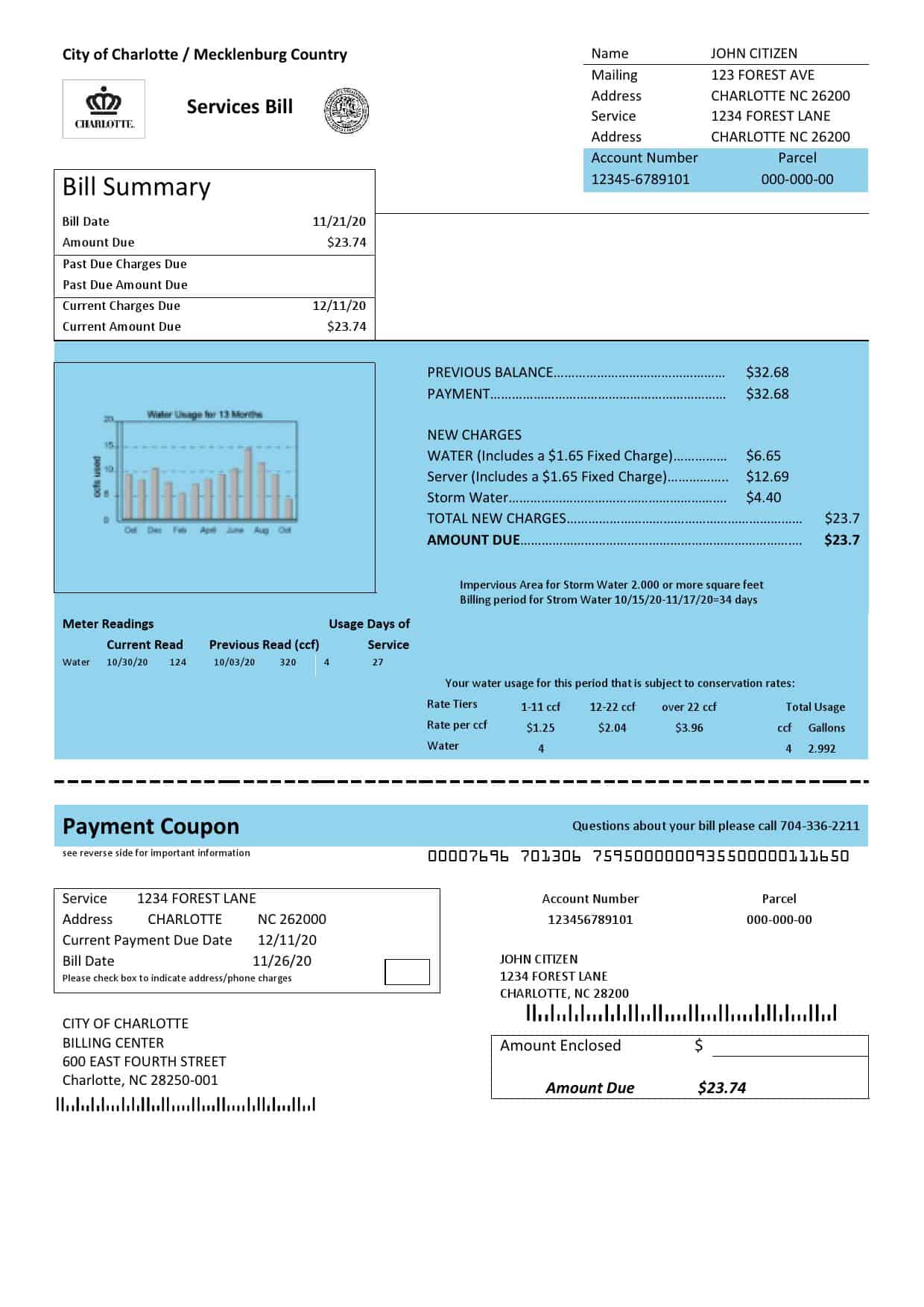 USA-City-of-Charlotte.jpg USA North Carolina City of Charlotte water utility bill template in Word and PDF format