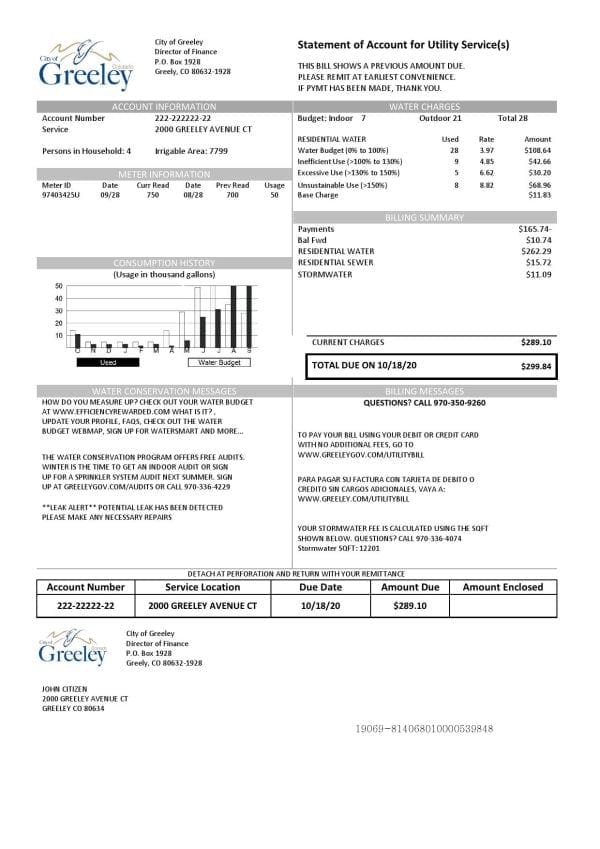 USA Colorado City of Greeley water utility bill template in Word and PDF format