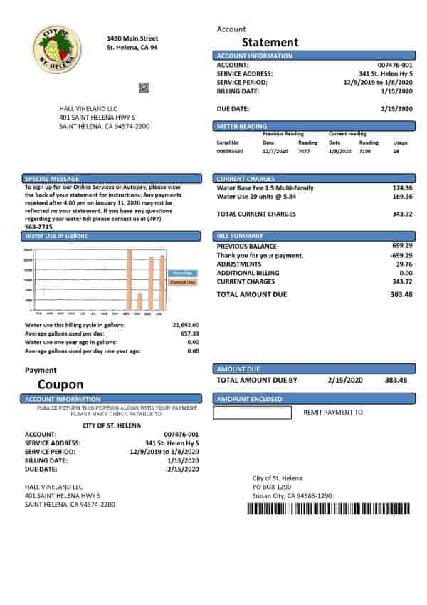 USA California City of St Helena utility bill template in Word and PDF format