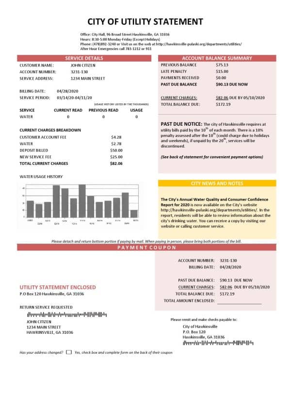 USA City of Utility Statement water utility bill template in Word and PDF format