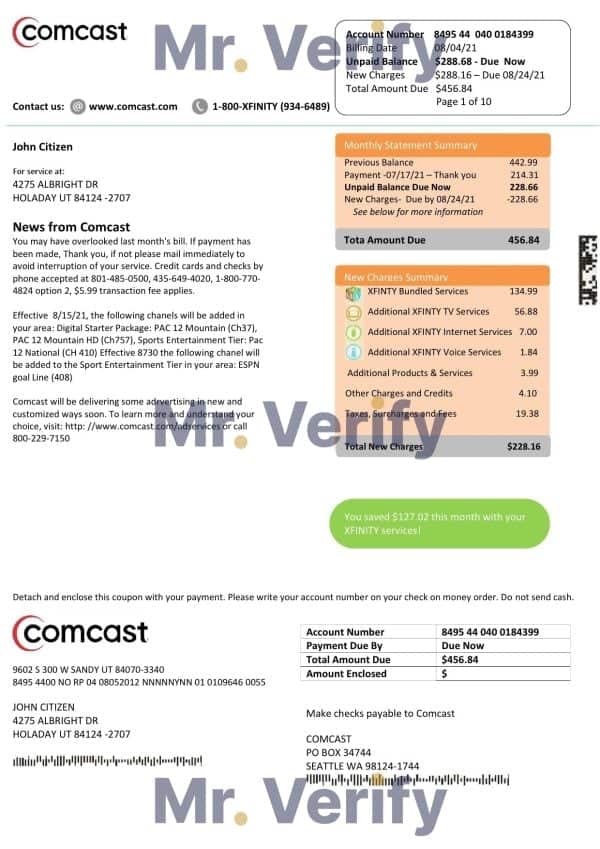 USA-Comcast-1.jpg USA Utah Comcast utility bill template in Word and PDF format, version 1