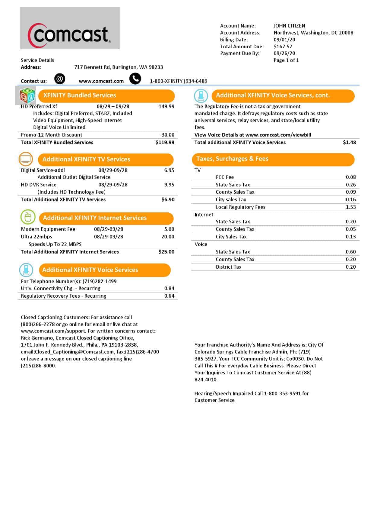USA-Comcast.jpg USA Utah Comcast utility bill template in Word and PDF format, version 2