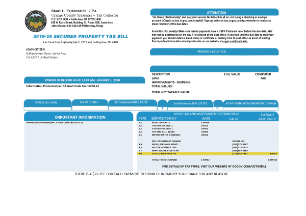 USA County of Orange California property tax bill template in Word and PDF format