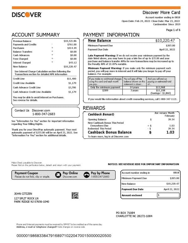 USA Discover credit card statement, Word and PDF template, 6 pages