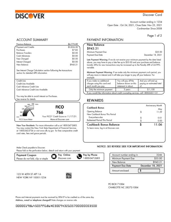 USA Discover bank credit card statement template in Word and PDF format (2 pages)