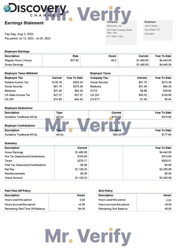 USA Discovery Inc. entertainment company pay stub Word and PDF template