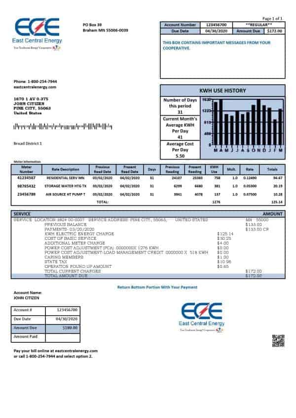 USA Minnesota East Central Energy utility bill template in Word and PDF (.doc and .pdf) format