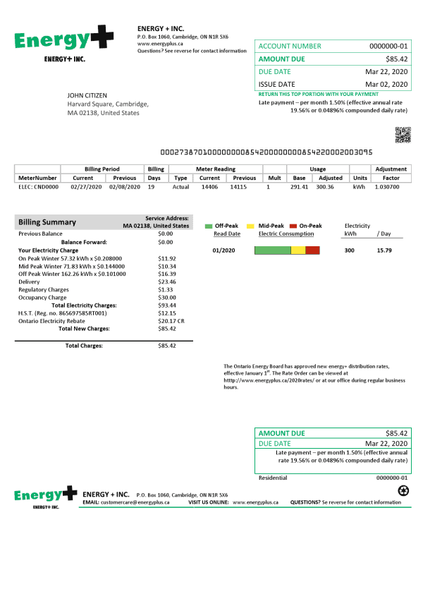 USA Massachusetts Energy Plus electricity utility bill template in Word and PDF format