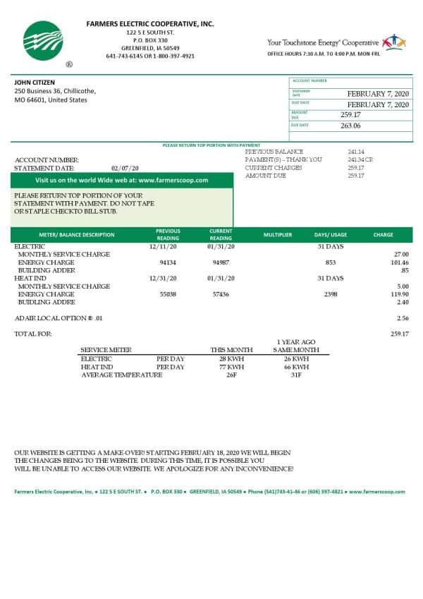 USA-Farmers-Electric-Cooperative.jpg USA Ohio Farmers Electric Cooperative utility bill template in Word and PDF format, version 2