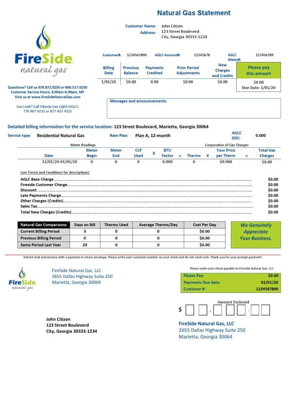 USA California FireSide natural gas utility bill template in Word and PDF format
