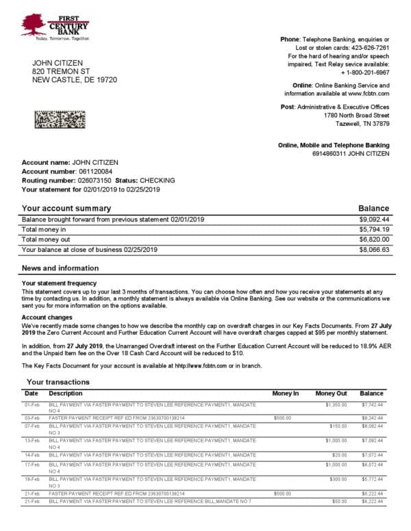 USA First Century bank proof of address statement template in Word and PDF format (.doc and .pdf)