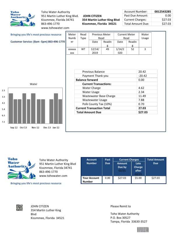 USA Florida Toho Water Authority utility bill template in Word and PDF format