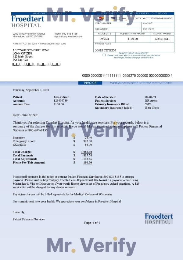 USA Froedtert Hospital invoice template in Word and PDF format, fully editable