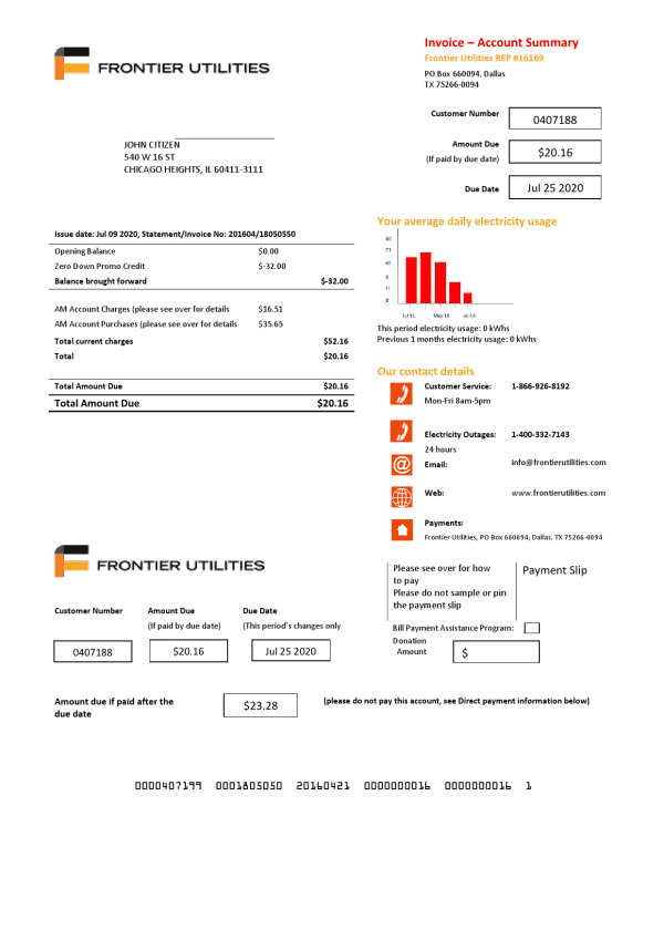 USA Texas Frontier Utilities utility bill template in Word and PDF format