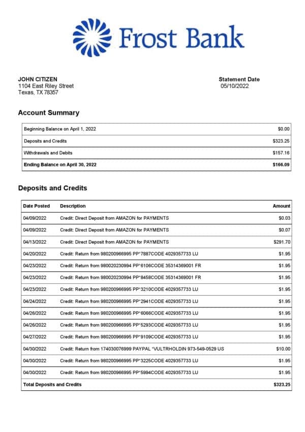 USA Frost bank statement, Word and PDF template, 2 pages