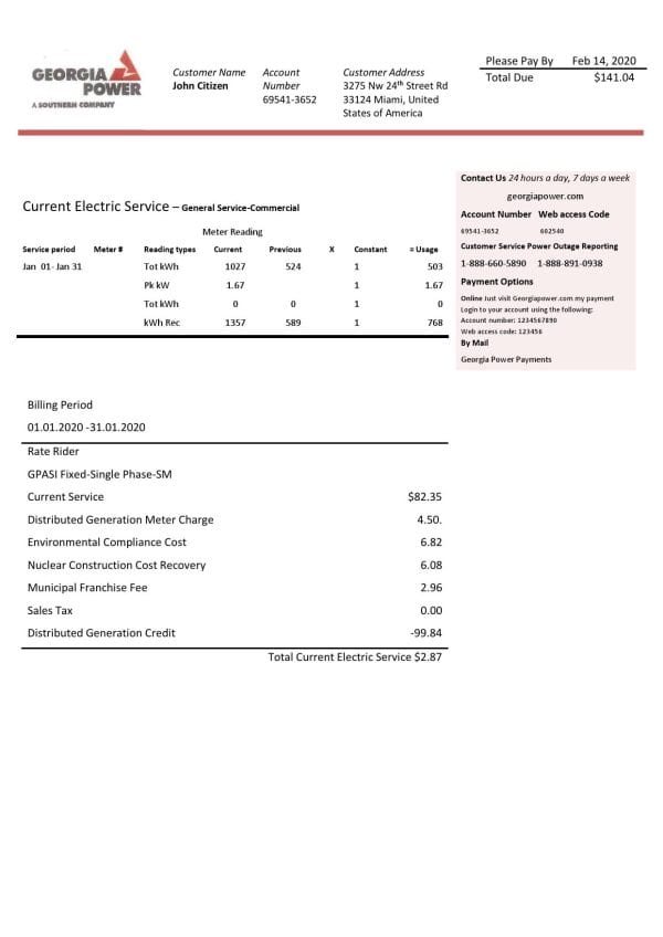 USA Georgia Power utility new brand bill template in Word and PDF format, fully editable