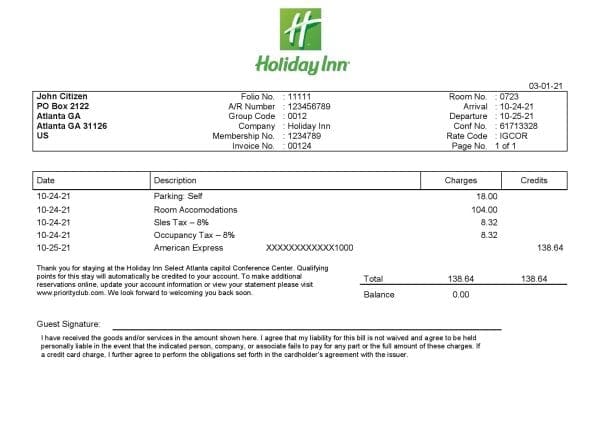 USA Holiday Inn InterContinental Hotels Group invoice template in Word and PDF format, fully editable