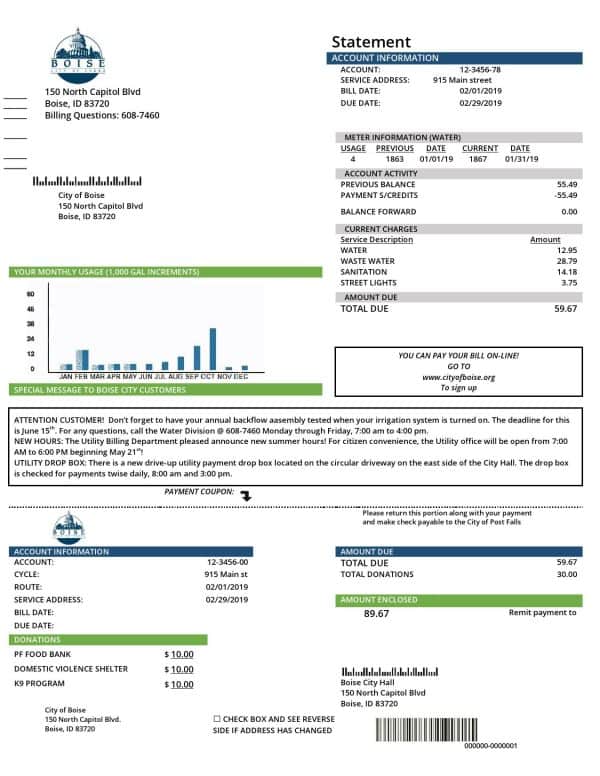USA Idaho Boise City of Trees water utility bill template in Word and PDF format
