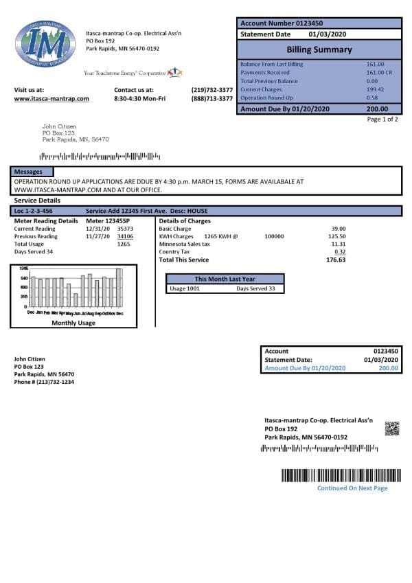 USA Minnesota Itasca-Mantrap electricity utility bill template in Word and PDF format (2 pages)