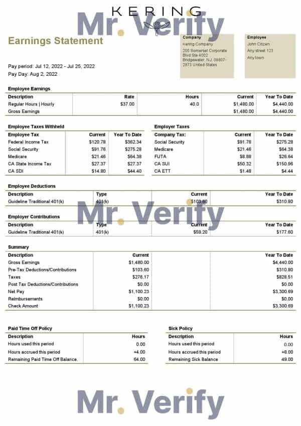 USA Kering luxury goods company pay stub Word and PDF template