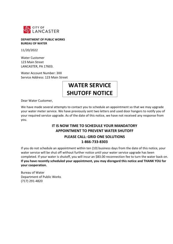 USA Lancaster Water service utility bill shutoff notice, Word and PDF template