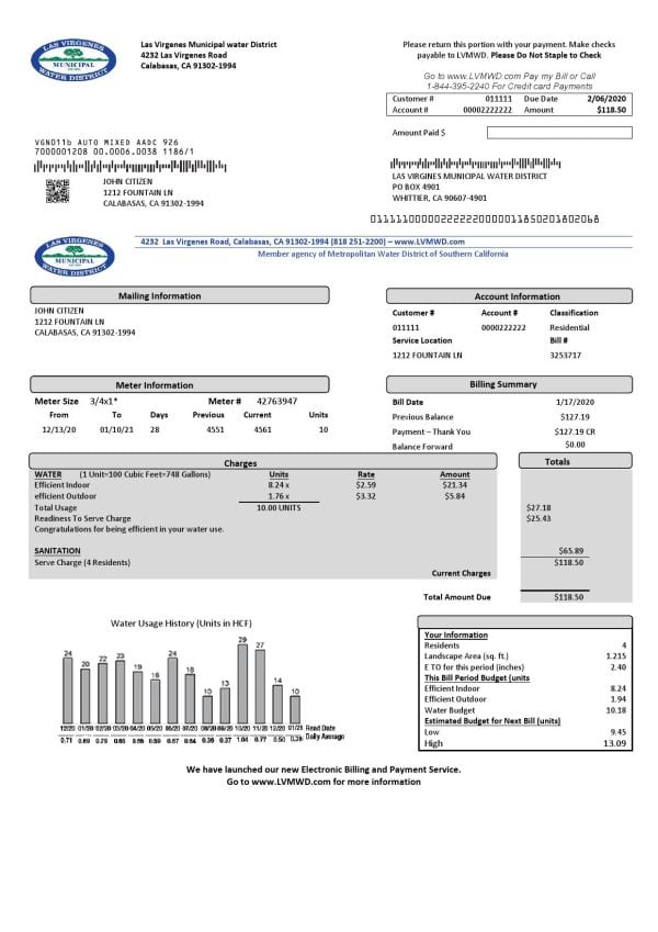 Usa California las Virgenes municipal water district utility bill template in Word and PDF format