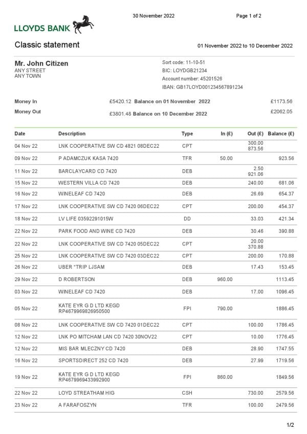 USA Lloyds bank statement, Word and PDF template, 2 pages