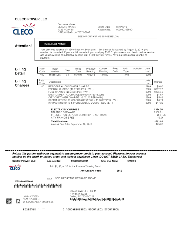 USA Louisiana Cleco Power electricity utility bill template in Word and PDF format