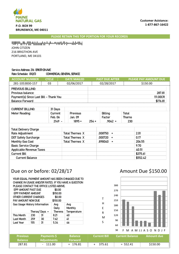 USA Maine Natural Gas Portland utility bill template in Word and PDF format