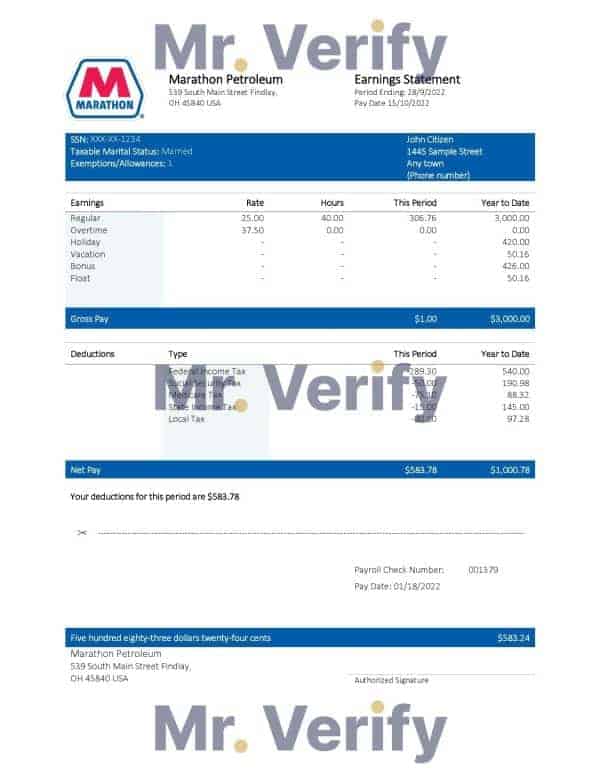 USA Marathon Petroleum company pay stub Word and PDF template