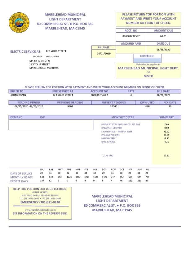 Usa Marblehead municipal light department utility bill template in Word and PDF format