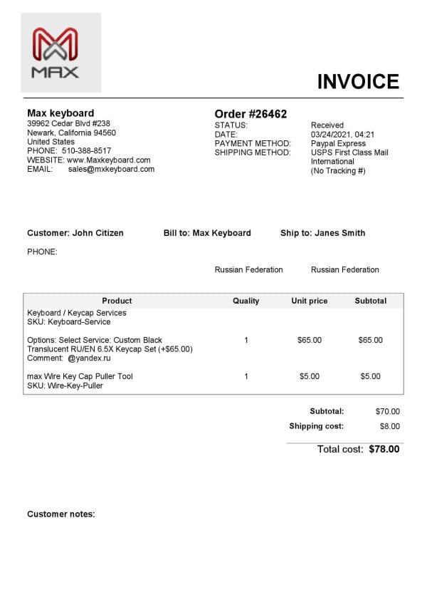 USA Max Keyboard Company invoice template in Word and PDF format, fully editable