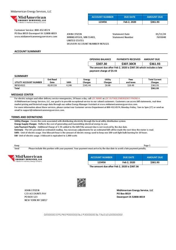 USA Iowa MidAmerican Energy Services utility bill template in Word and PDF format
