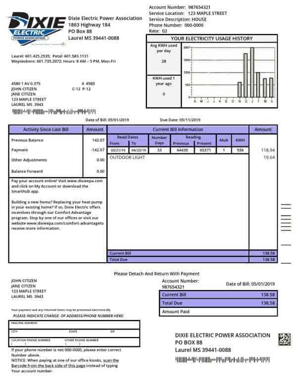 USA Mississipi Dixie Electric utility bill template in Word and PDF format
