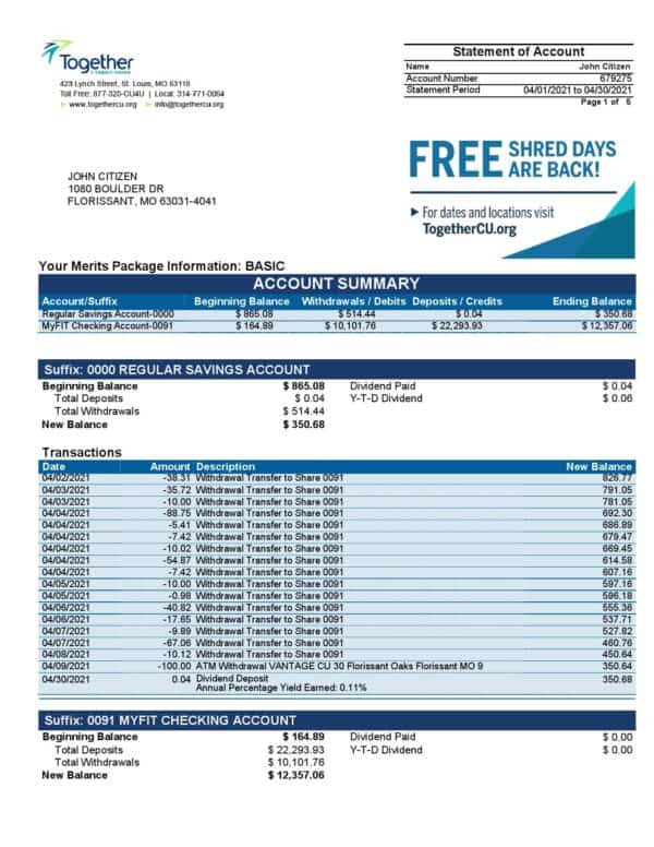 USA Missouri Together Credit Union bank statement template in Word and PDF format (6 pages)
