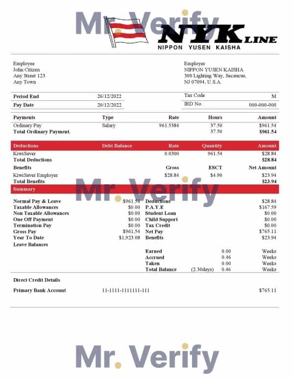 USA NIPPON YUSEN KAISHA shipping company pay stub Word and PDF template