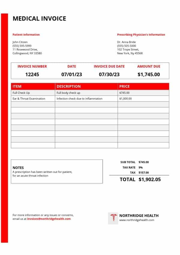 USA New York Northridge Health Center medical invoice template in Word and PDF format, fully editable