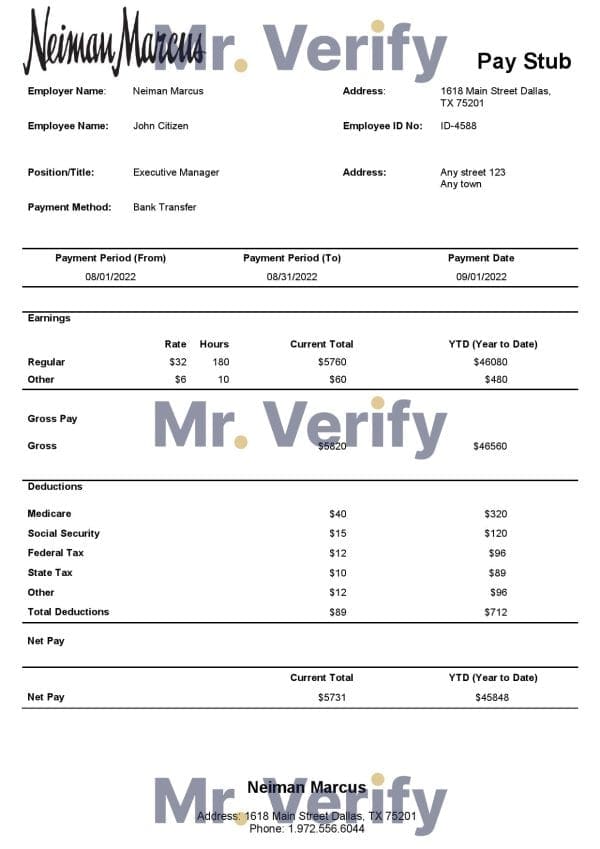 USA-Neiman-Marcus-depaartment-store-company.jpg USA Neiman Marcus department store company pay stub Word and PDF template